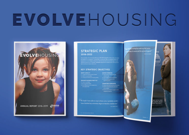 Image of front cover and two pages being flipped with words Evolve Housing at the top